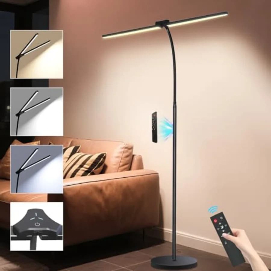 Lampada da Terra LED a Doppia Testa 24W/2400LM per Soggiorno, Lampada da Lettura e da Lavoro per Ufficio, Pannelli Regolabili con Telecomando, Senza Abbagliamento