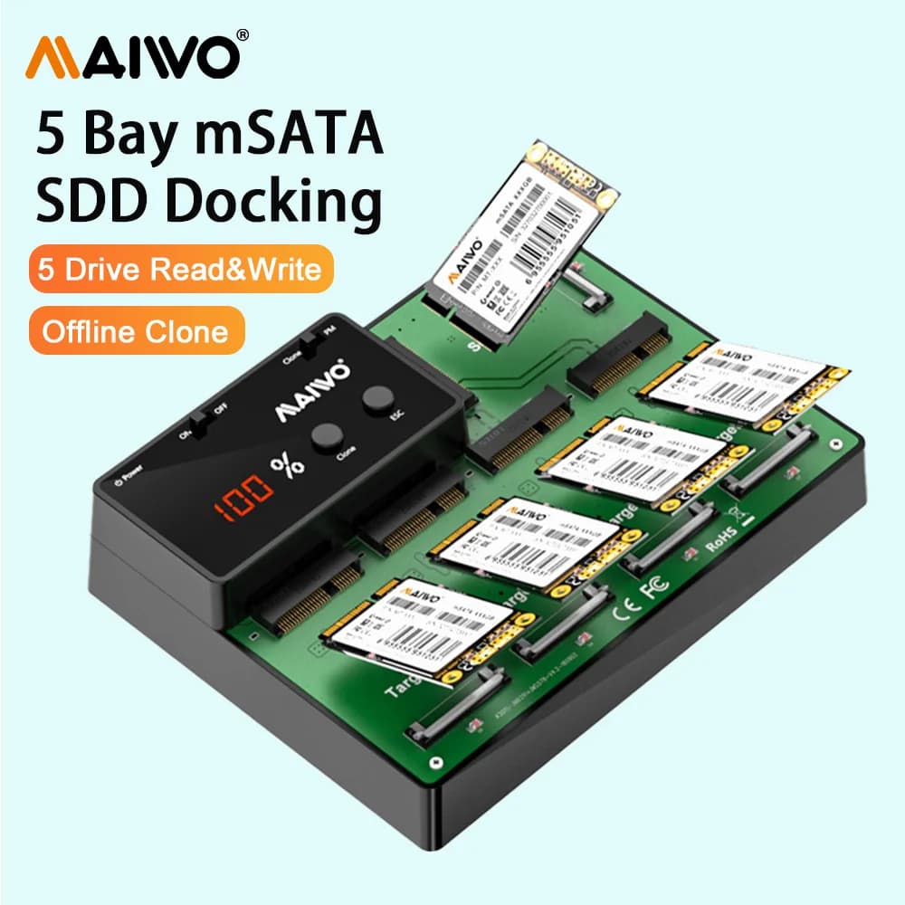 MAIWO Box Esterno USB 3.0 a 5 Bay per M.2 mSATA, Duplicatore Cloner SSD con Supporto Clonazione Offline e Indicatore LED