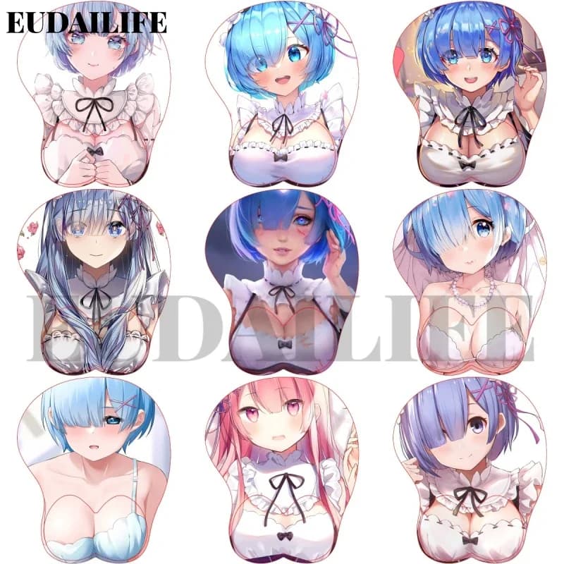 Re Zero Starting Life Rem Ram Anime 3D Poggiapolsi per le mani Tappetino per mouse Tappetino per mouse in silicone Oppai Morbido tappetino per mouse Lavoro d'ufficio Regalo Otaku