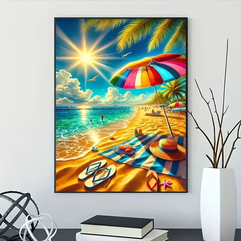 5D Diamond Painting Set, Blue Sea, Blue Sky, Summer Beach, Colorful Sunshade Umbrella, Round Diamond Beads
