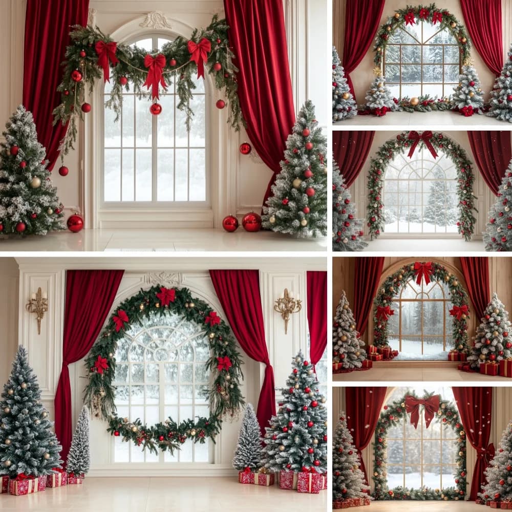 Red Curtain Arch Window Christmas Scene Backdrop Snowy Tree Gift for Family Newborn Kids Portrait Holiday Photo Studio Shooting