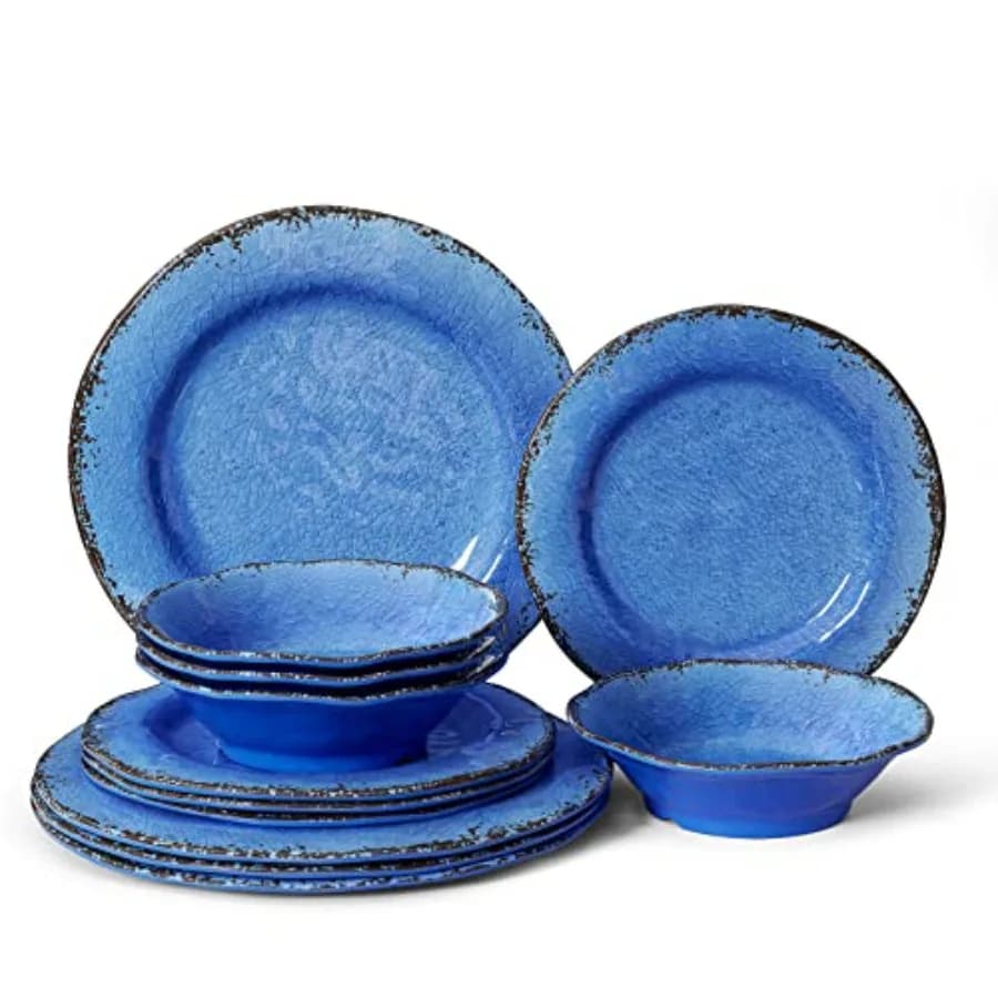 Set di stoviglie in melamina da 12 pezzi, senza BPA, stile rustico, per 4 persone, leggero e infrangibile, set di piatti e ciotole.