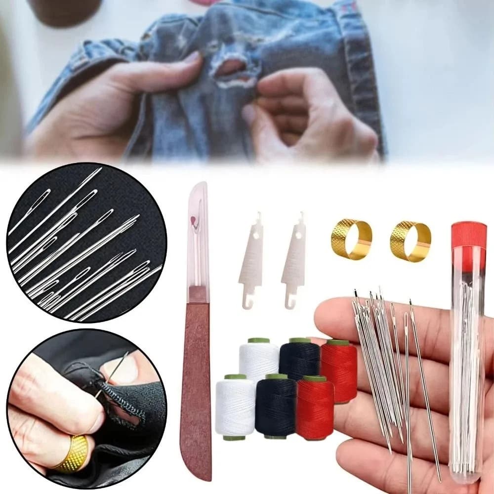 Kit di aghi per cucire in acciaio inossidabile da 37 pezzi Set di strumenti per cucire infila ago portatile salvaspazio per riporre oggetti compatti