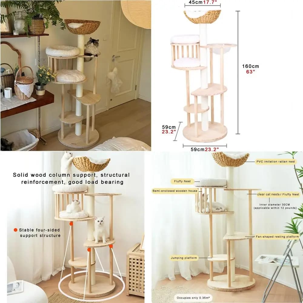 Robusto albero per gatti multifunzionale con pali di pino spessi e piattaforma di salto imbottita in pile di rattan espansa per gatti