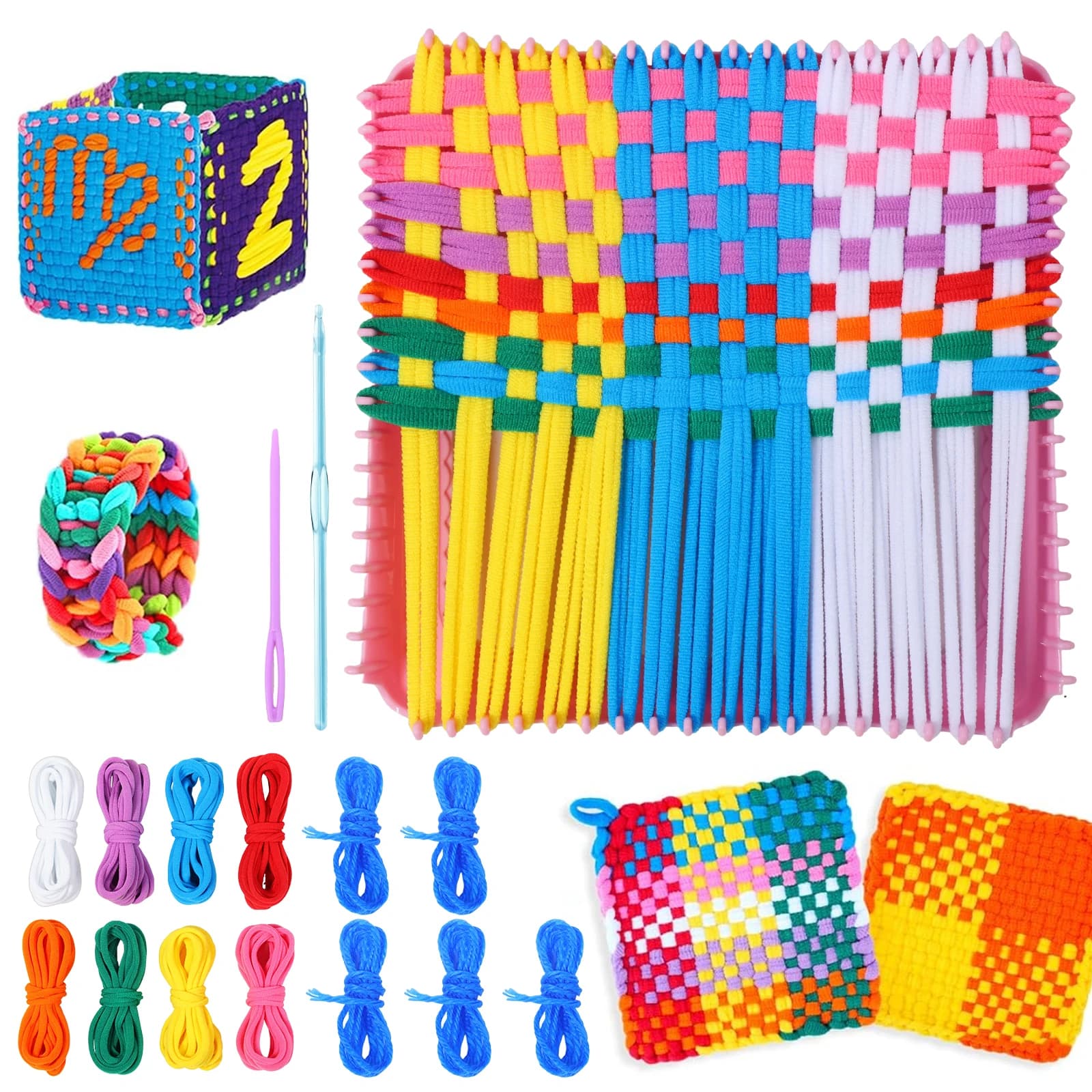 Weaving Loom/Elastic Rope Kit Toys DIY Art Crafts for Kid Adult Beginners Gift Easy Potholder Loom Knitting Activity Craft Loops
