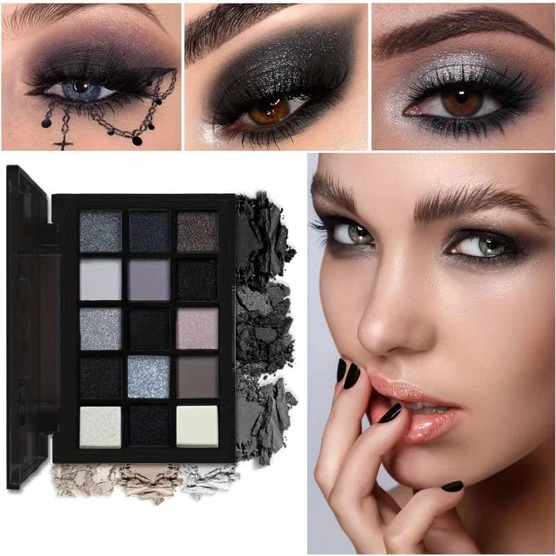 Palette di ombretti Black Smokey, 15 colori, stile punk, trucco per occhi neutro, ombretto con paillettes perlate luccicanti