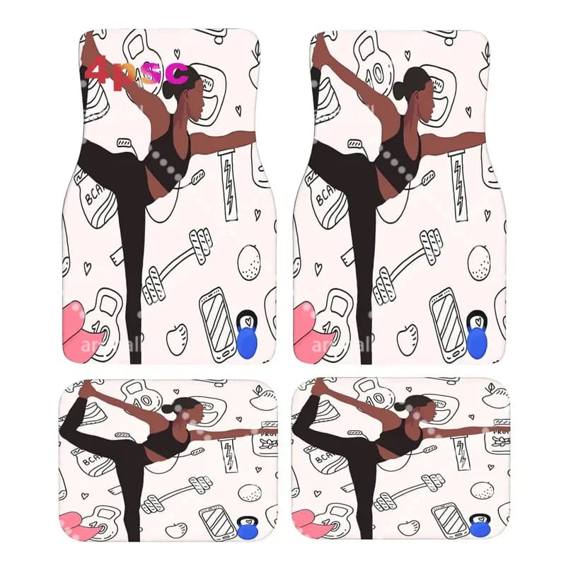 A Set Of Four Car Floor Mats Designed With A Yoga Theme - Suitable For Most Vehicles, Durable And Non-Slip For All-Weather, Easy