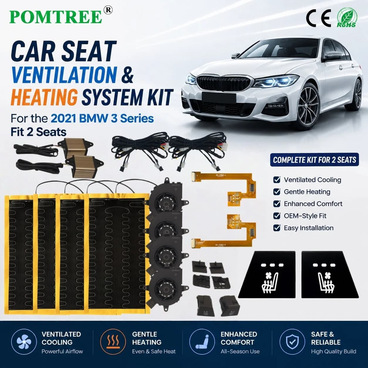 Built-in Car Seat Ventilation Cooling And Heating System Kit Fit 2 Seats,Compatible With BMW 3 Series,Including Buttons & Fans