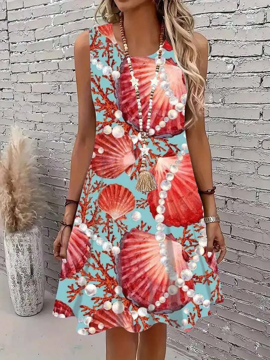 Abito senza maniche con stampa a conchiglie e design con collana di perle, abito casual estivo da spiaggia per donna