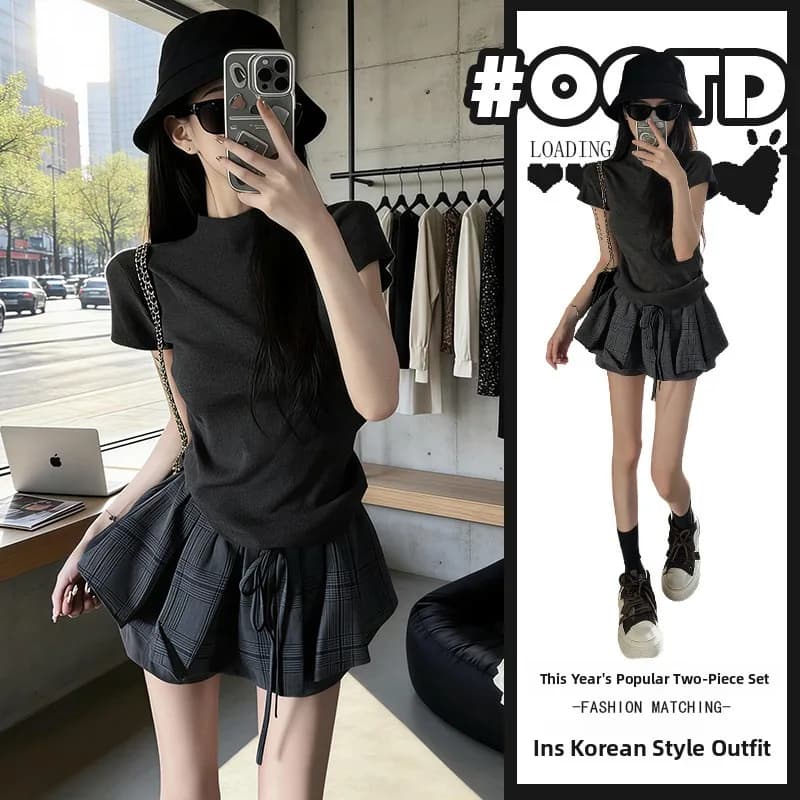 Completo Estivo 2026 Hot Girl: T-Shirt a Maniche Corte Colorata e Gonna a Quadri in Poliestere - Stile Casual