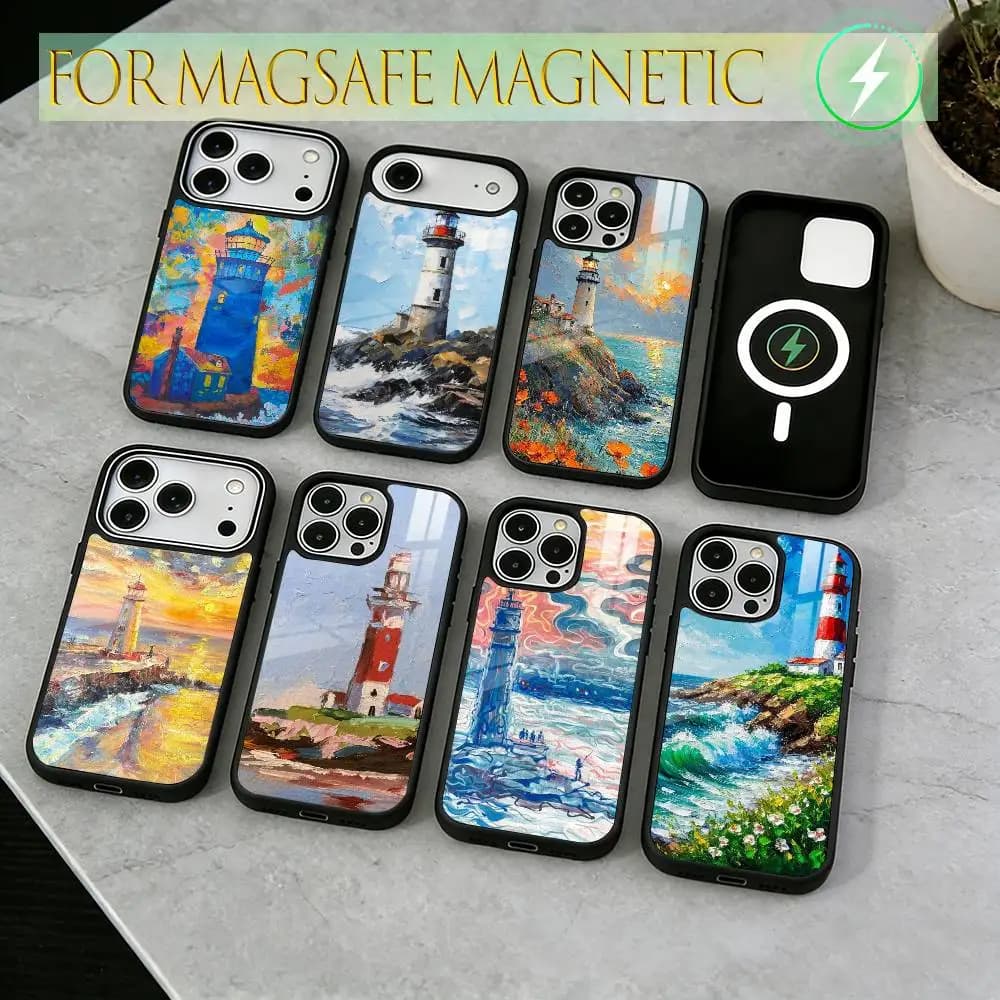 Cover per iPhone con pittura a olio artistica di un faro, per iPhone 17, 16, 15, 14, 13, 12, 11 Plus, Pro, magnetica con ricarica wireless MagSafe