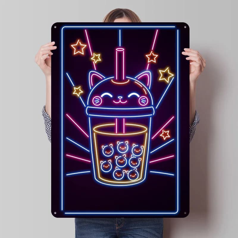 Neko Bubble Tea Poster in metallo Targhe in metallo Wall Art Articoli per decorazioni per la casa di lusso Targa in metallo personalizzata per la decorazione domestica Bacchetta Deko Retro