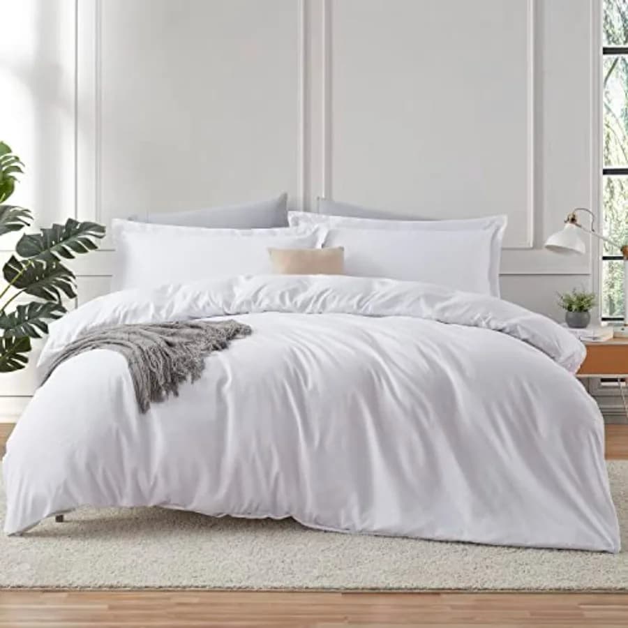 White Duvet Cover Queen Size - 3 Piece Queen Duvet Cover Set, Soft Double Brushed Queen Size Duvet Covers with Button Closure,