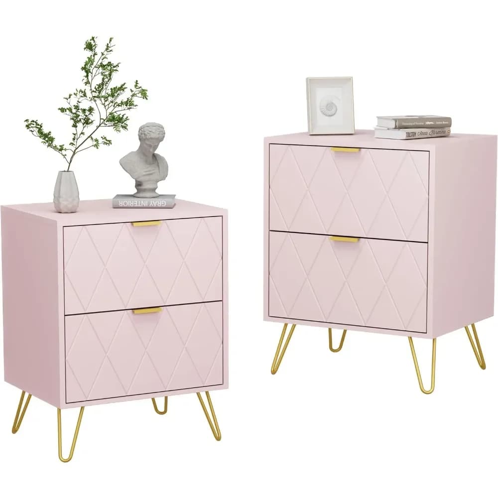 Set di 2 comodini rosa, tavolino doppio, comodino con 2 cassetti, comodino doppio gambe dorate per camera da letto