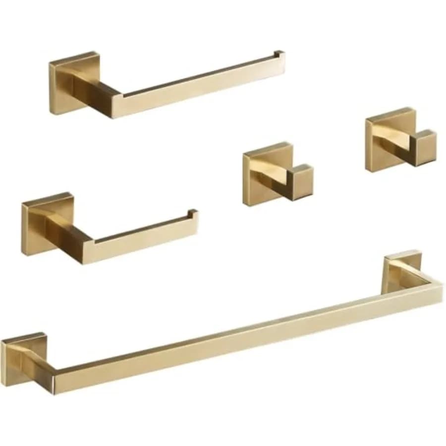 Set di Accessori per Bagno: Portasciugamani da 23,6 Pollici, 2 Ganci per Asciugamani, Portarotolo, Portasciugamani da Parete in Acciaio Inox Spazzolato Oro