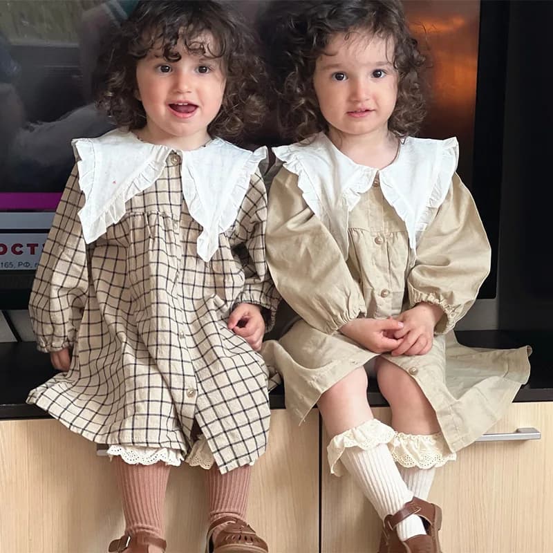 Vestito da neonata primavera e autunno tinta unita colletto a scacchi vestito a maniche lunghe da ragazza vestito da principessa ragazza carina