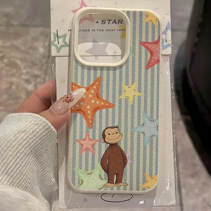 Cover per iPhone con motivo Scimmia Curiosa e Stelle Colorate, antiurto, per iPhone 17, 16, 15, 14 Plus, 13, 12, 11 Pro MAX, 17 Air, edizione estiva