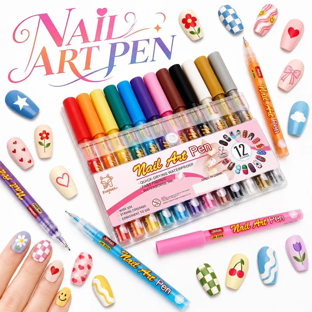Set of 12 Fine Point Nail Pens, Rapid Drying, Waterproof, Water Base Ink, for Decoration and Nail Painting