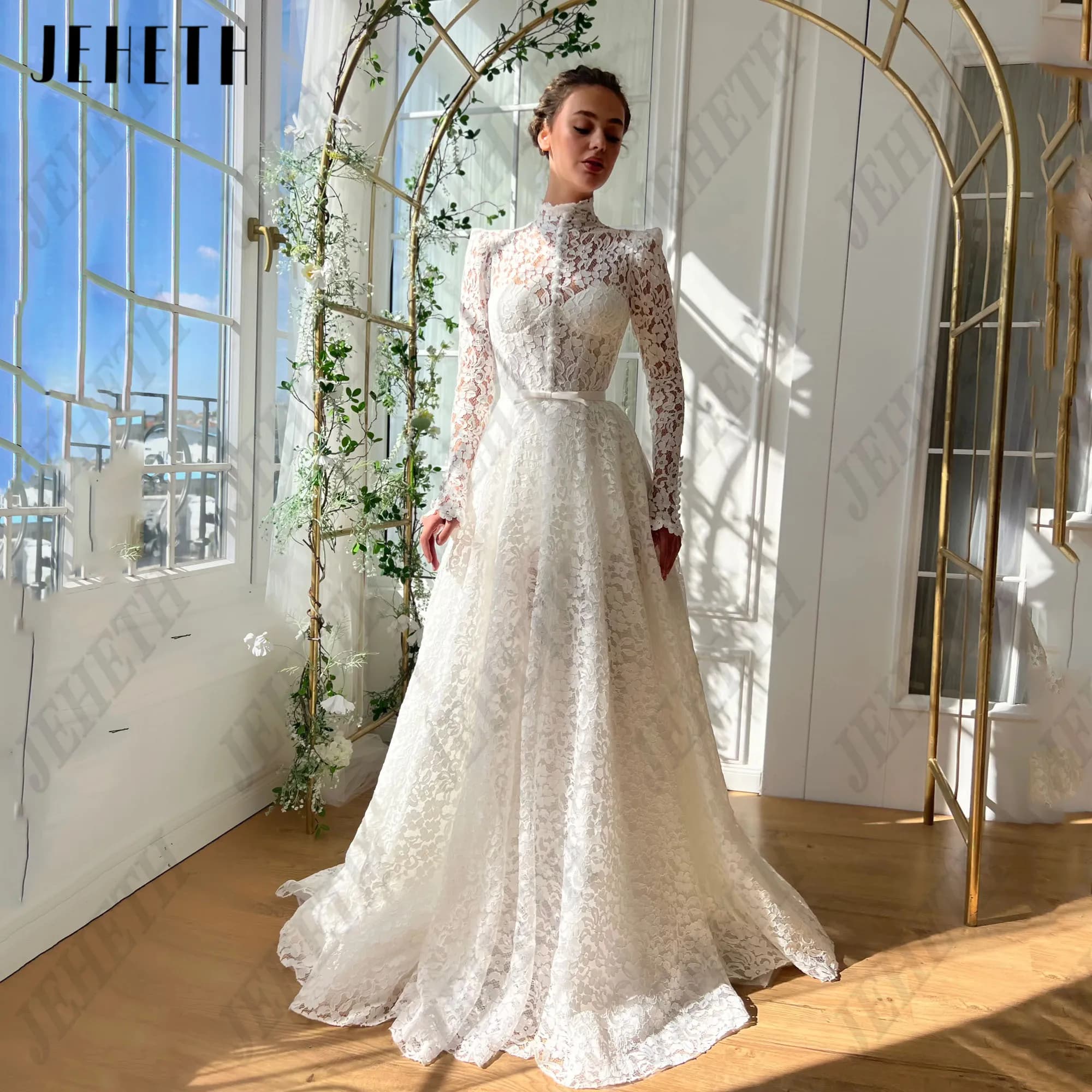 JEHETH abiti da ballo lunghi in pizzo donna maniche lunghe abiti da festa di lusso avorio abiti da sera formali Sweep Train a-line collo altoJEHETH Pizzo Abiti Lunghi Da Prom Donne Maniche Piene Avorio Abiti da festa d