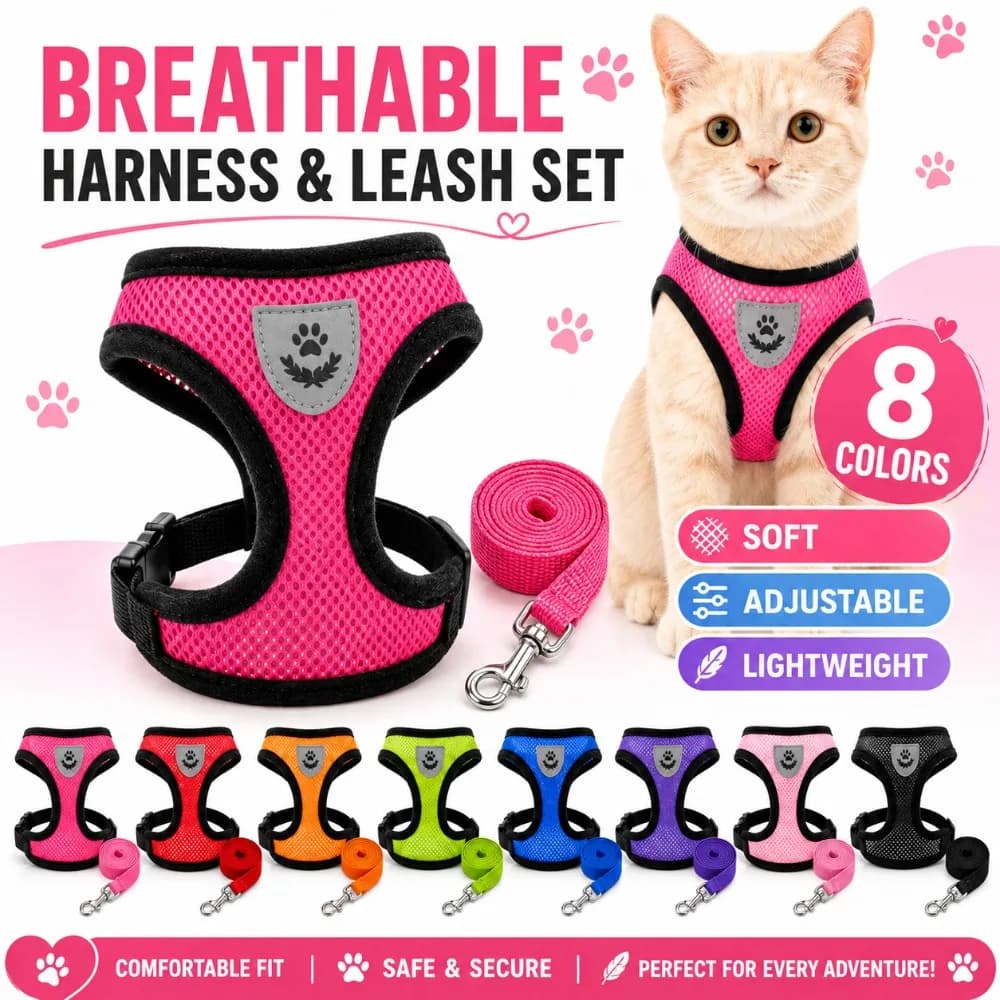 Breathable Mesh Pet Harness Vest Adjustable Dog Cat Walking Leash Set for Small Medium Puppy Outdoor Daily Training and Travel