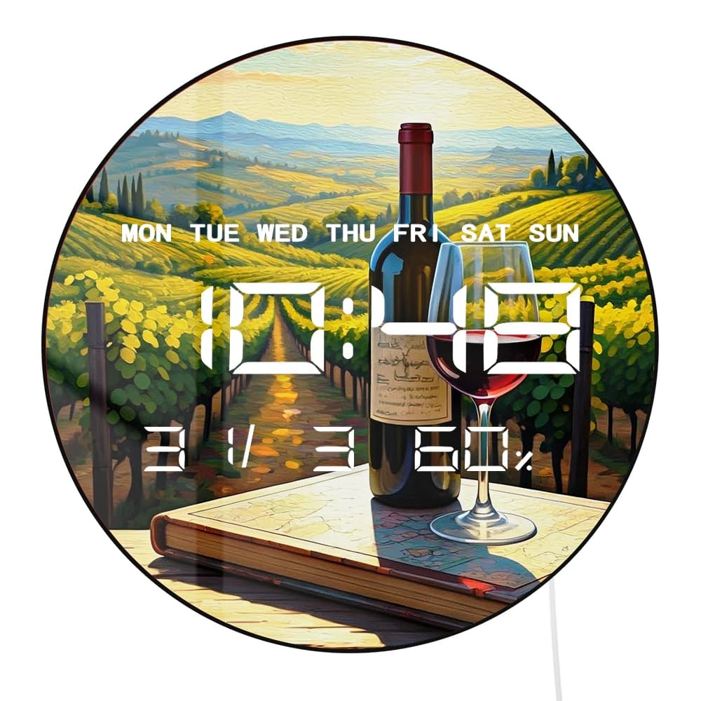 Uva Wine Landscape Digital LED Watch Double Purpose Electronic Desktop Wall Clock with Calendar Date Temperature