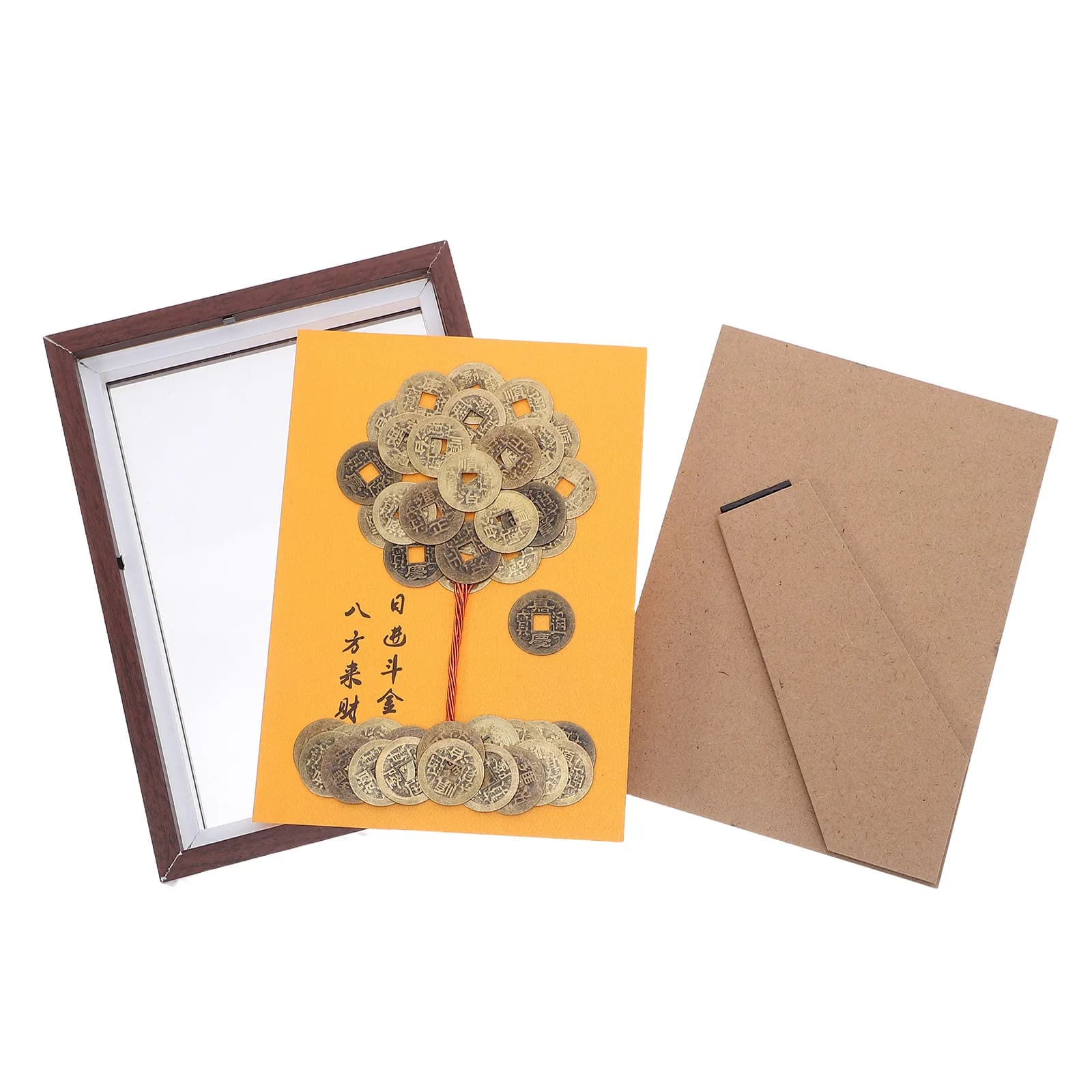 Feng Shui Money Tree Five Emperor Coins Chinese Bonsai Sculpture Picture Frame Prosperity Decoration Desktop Centerpiece Wealth