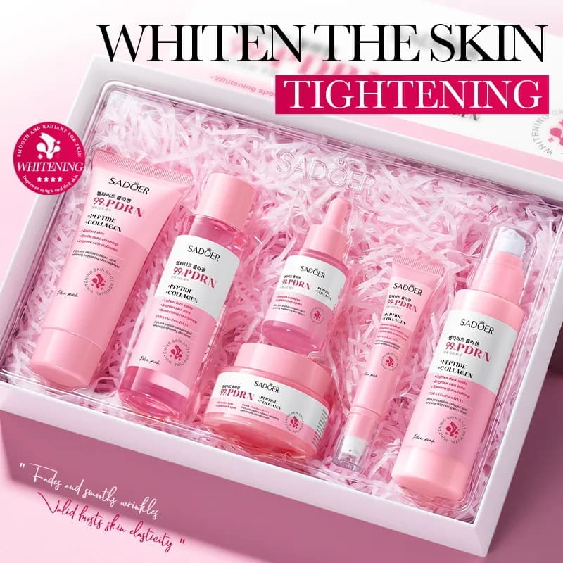 SADOER Pink Peptide Collagen Brightening Serum Cream Set 6Pcs Hydrating Anti Wrinkle Facial Care Kit For Women Skin Rejuvenation