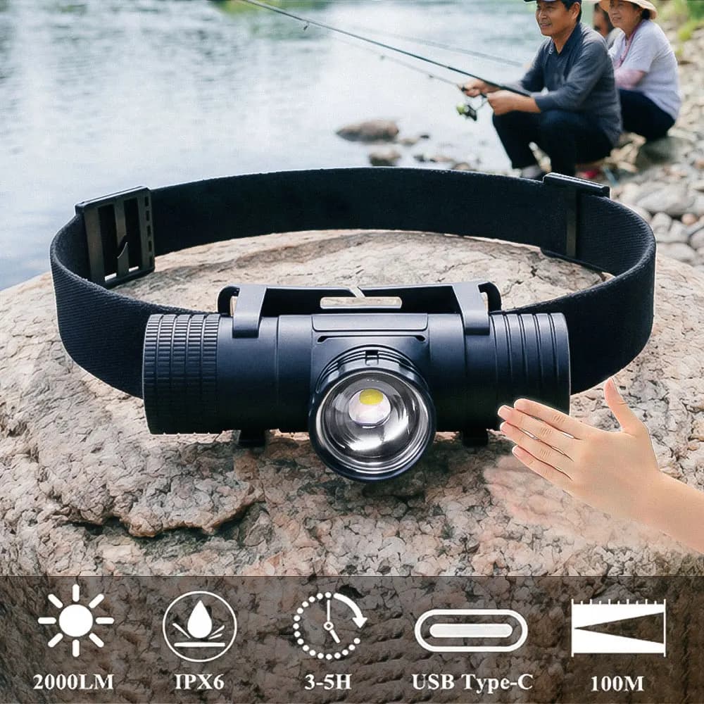 Torcia Frontale LED con Sensore, USB Type-C, Batteria 18650, Base Magnetica, Zoom Regolabile, per Campeggio, Caccia e Pesca