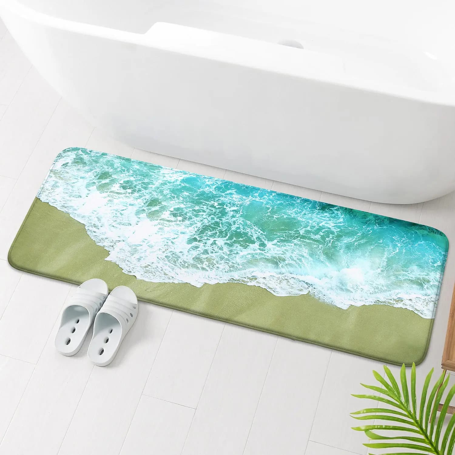 1 piece wave beach bath mat, ultra-soft water-absorbing polyester non-slip carpet washing machine washable rectangular plush kni
