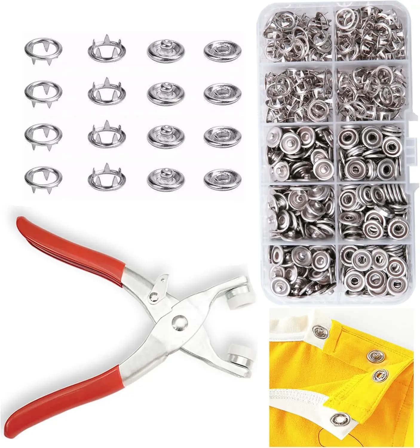 100 Pezzi Fibbie Metalliche Colorate Invisibili con Pinze a Pressione Manuale, Kit Fai-da-te per Cucito Domestico per Abbigliamento, Cappelli e Artigianato, Senza Cuciture