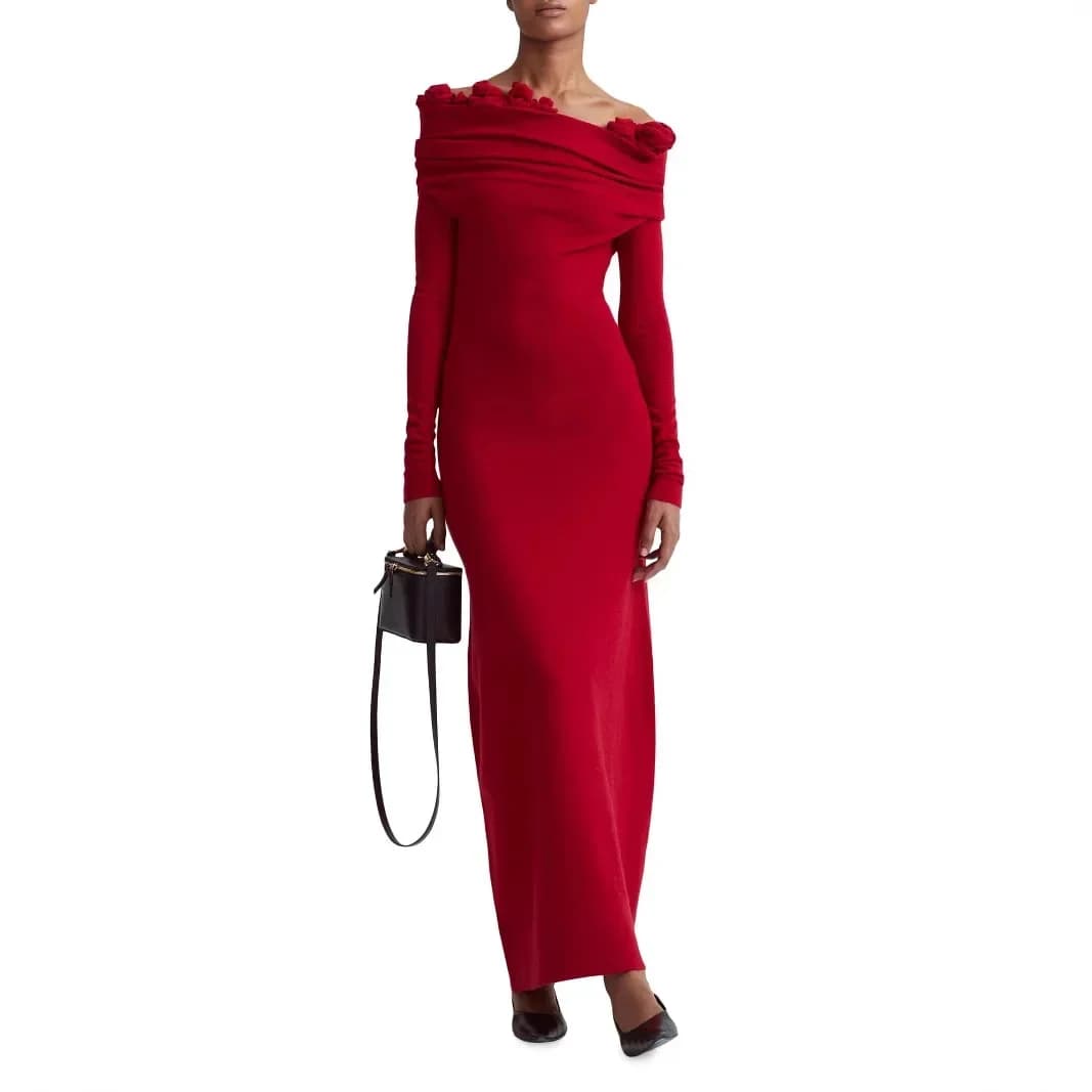 2025 Abito lungo da donna elegante monospalla con decorazione floreale, abito lungo slim fit, abito da sera elegante ed elegante