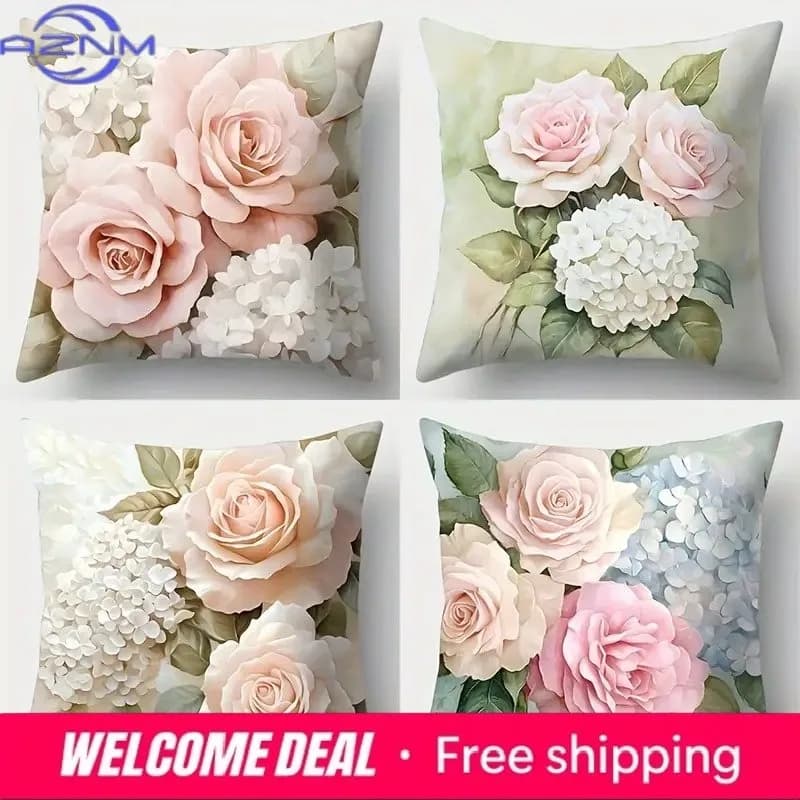 Home Decor Floral Roses And Hydrangeas Pillow Covers Pattern Cushion Cover Suitable For Sofa Bedroom Car Pillow Cover