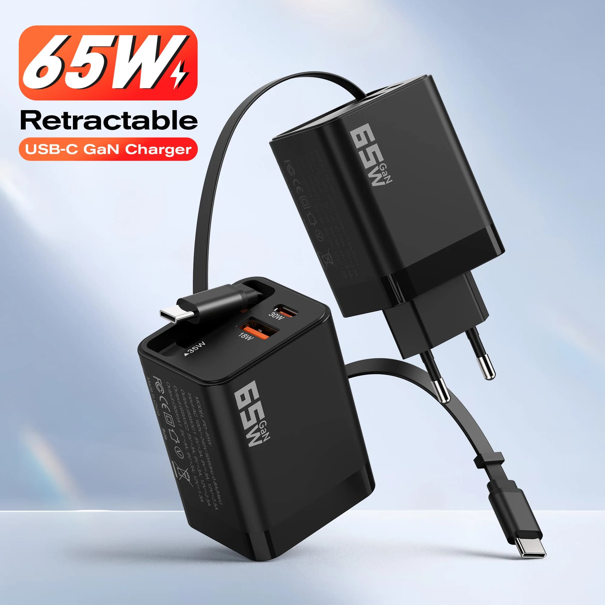 Caricabatterie GaN pieghevole da 65 W con cavo retrattile Blocco di ricarica rapida per MacBook Xiaomi13 iPhone15 SamsungS24 Ultra Tablet portatile