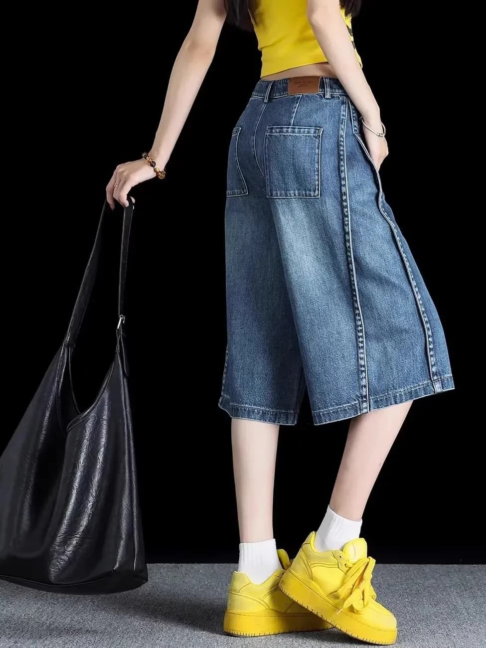 Summer High Waist Loose Fashionable Jeans Casual Straight Leg Midi A-Line Wide Leg over Knee Six Parts Small Audience