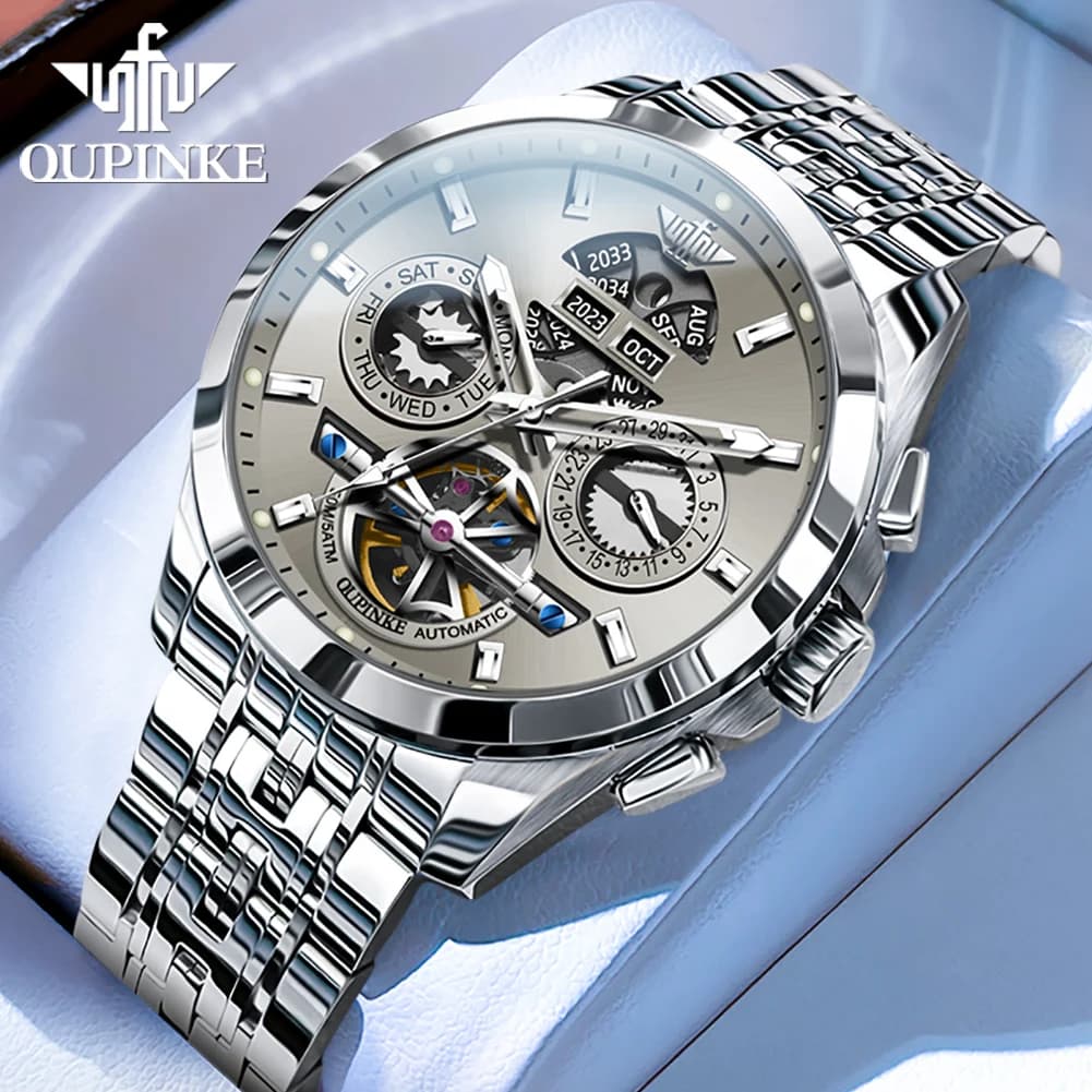 OUPINKE 3251 Men's Watch Mechanical Watch 50M Waterproof Luminous Watch for Men Date Sports watch Double calendar Design