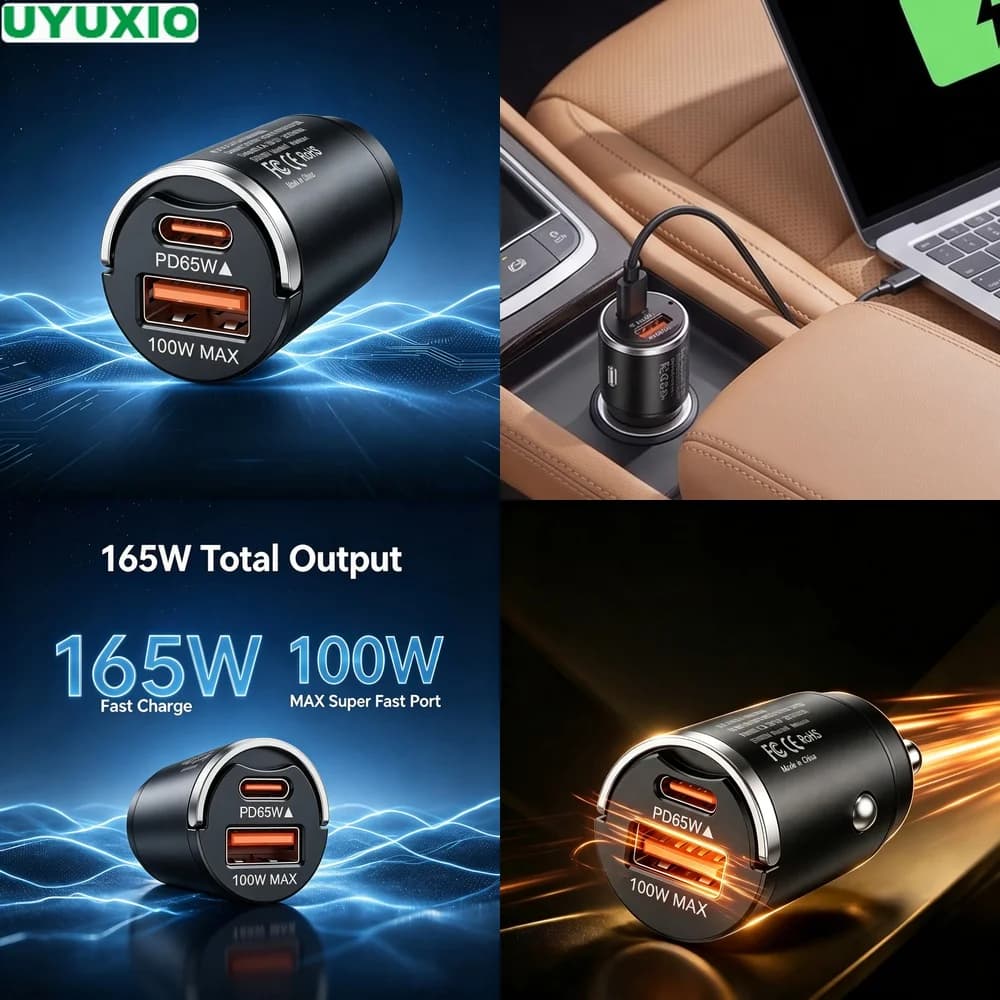 165W Two Port Car Charger 65W USB C PD and 100W USB A Fast Charge for Road Trips and Daily Driving Durable Zinc Alloy Mini Body