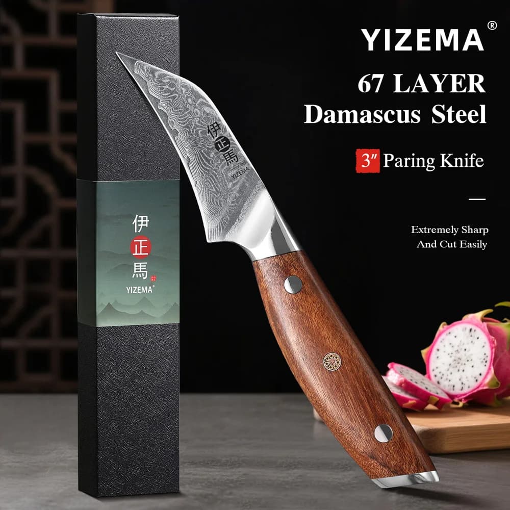 Coltello da Cucina YIZEMA 3" in Acciaio Damascato, Coltello Professionale di Alta Qualità per Chef, Affilato Coltello Multiuso per Frutta, Utensili da Cucina