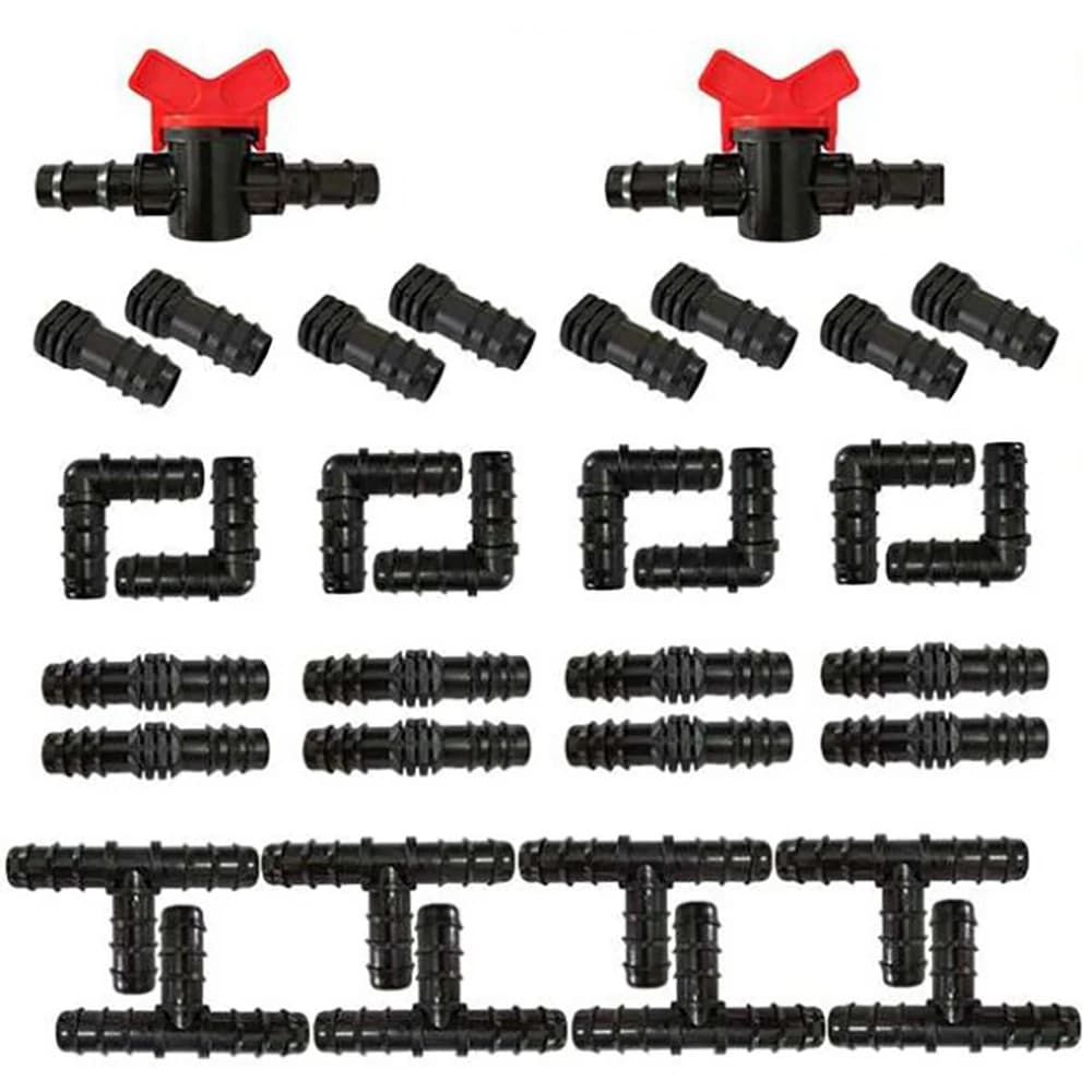 Kit di raccordi per irrigazione a goccia da 34 pezzi per tubi da 1/2 pollice (16 mm) per irrigazione da giardino, con raccordi dritti, a T, a gomito e tappi