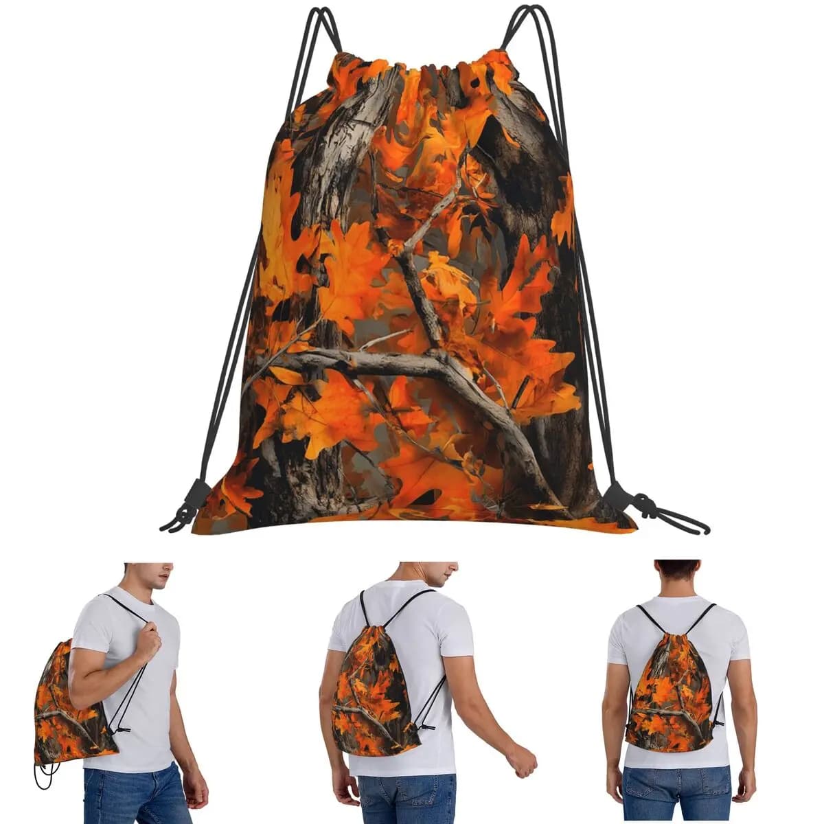 Zaini con motivo mimetico autunnale con foglie di quercia arancioni, borse sportive con coulisse e tasca, borse per libri per uomo, donna e studenti