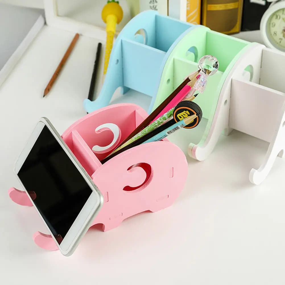 Portapenne a Forma di Elefante con Supporto Integrato per Telefono, Organizzatore da Scrivania Pieghevole Mini per Cancelleria e Smartphone