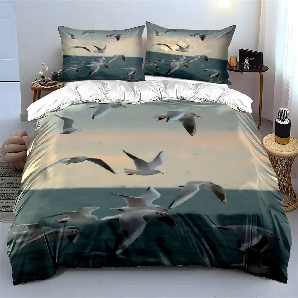 Set di biancheria da letto con 3 statuette di gabbiani che volano sopra l'oceano, copripiumino con stampa costiera realistica + 2 federe, decorazione serena