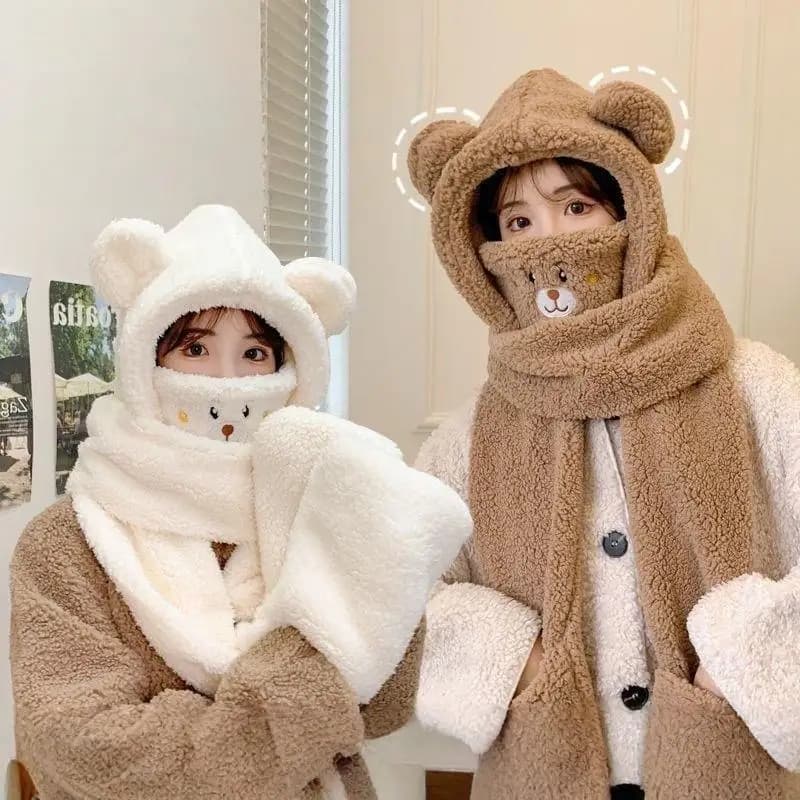 Plush Hat in Orsetto Shape, Warm for Winter, Scarf Hat Gloves Facial Mask with Hood for Women, Anti-wind protection for Exterior Eyelets