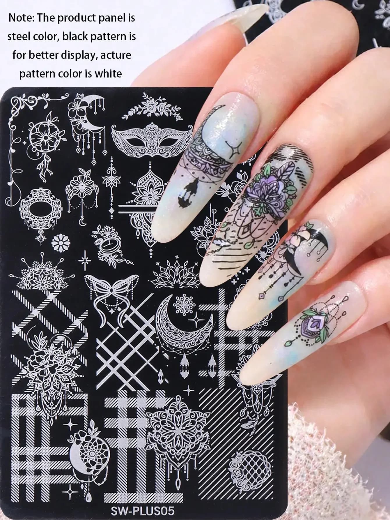 1pc Boho Nail Stamping Plate, Stainless Steel Nail Art Template With Lace Moon Dreamcatcher Mask Plaid Pattern, Bohemian Mystical Style Stencil For DIY Manicure, Nail Art Supplies, Nail Accessories Tools