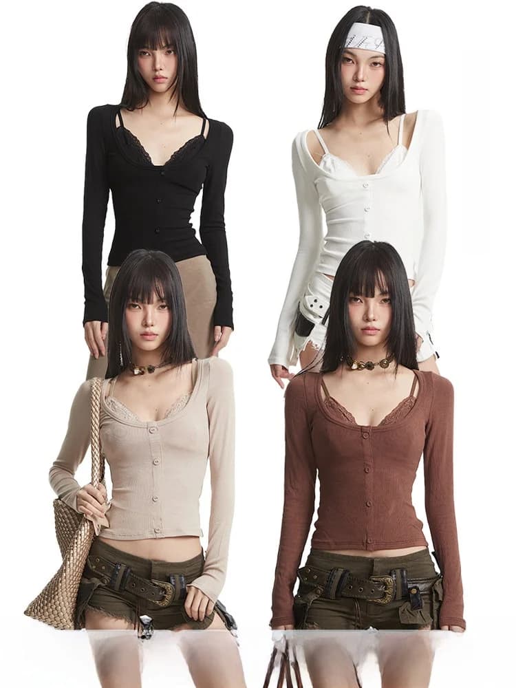 Maglietta a maniche lunghe da donna in pizzo sexy con inserti, effetto due pezzi, stile Pure Desire, stile casual, traspirante, a maniche corte