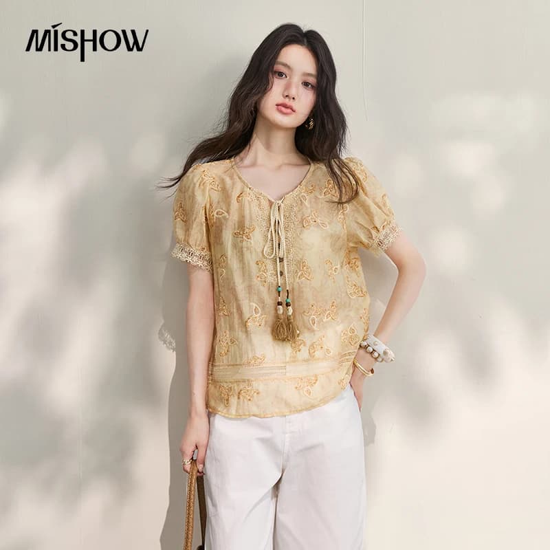 MISHOW Lightweight Retro Tassel Blouse For Women 2026 Summer New Lace V-Neck Bubble Sleeves Bohemian Fashion Top MXF27X2699