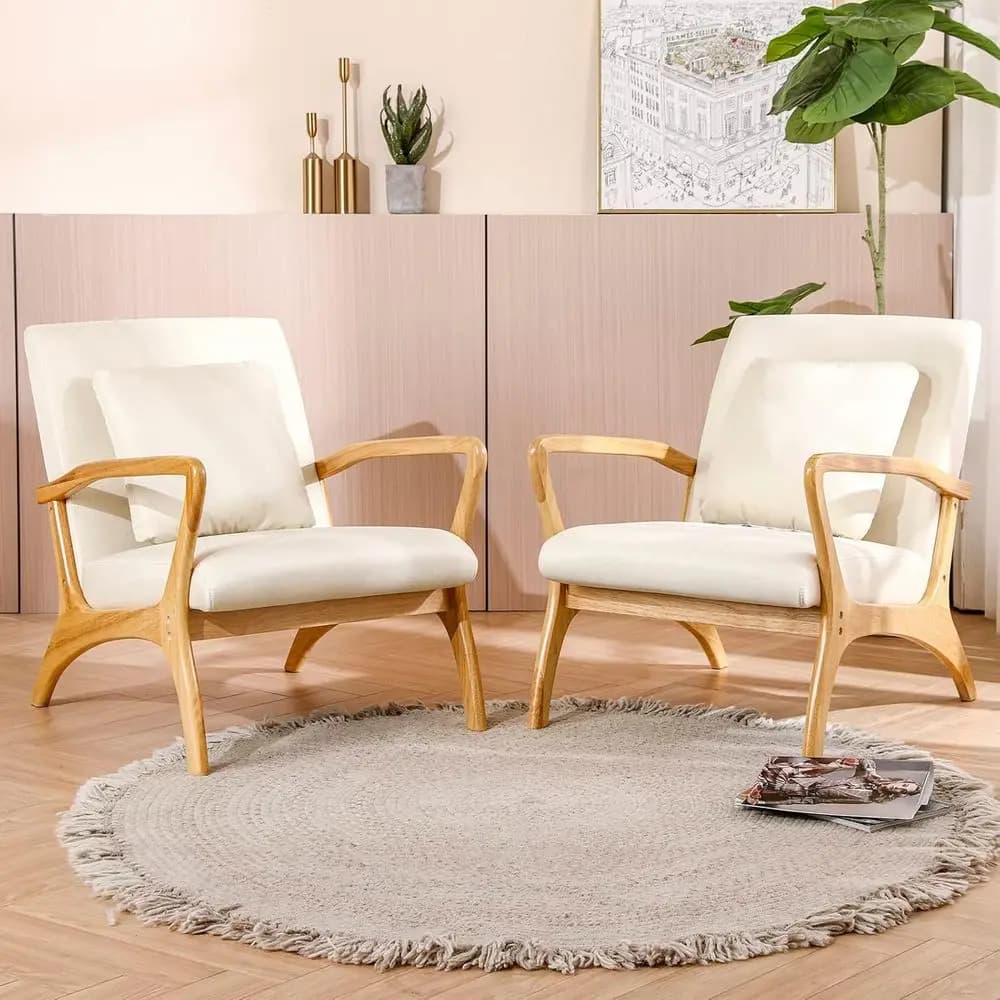Poltrona con cuscino lombare in tessuto di lino, comoda poltrona da lettura per soggiorno o camera da letto, facile da montare (Beige, Set di 2)