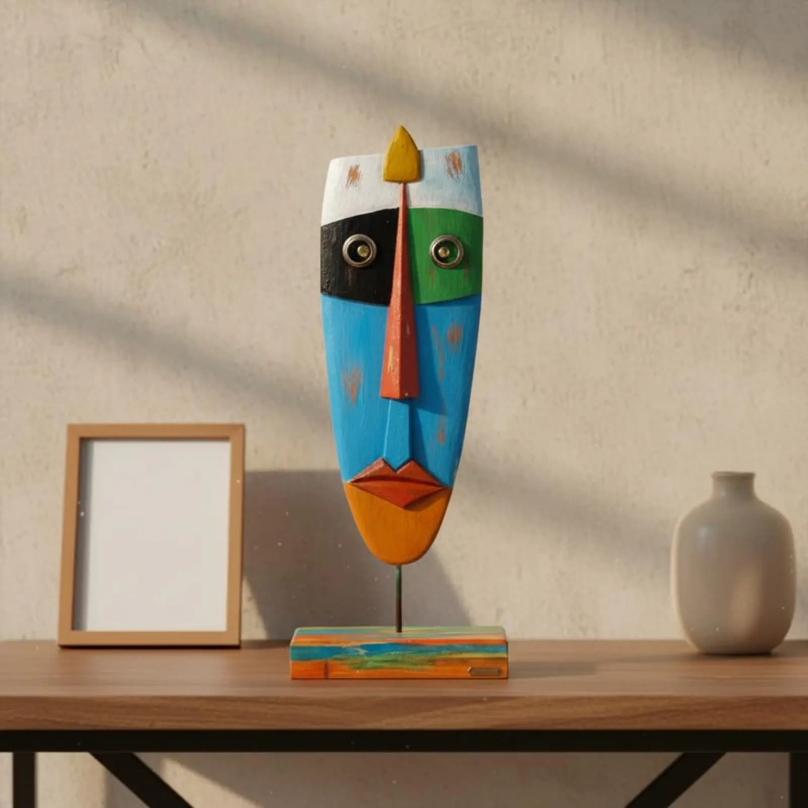 Maschera Tribale Totemica Dipinta a Mano, Scultura in Legno con Volto Astratto, Maschera Tiki Artigianale Unica nel Suo Genere per Ufficio
