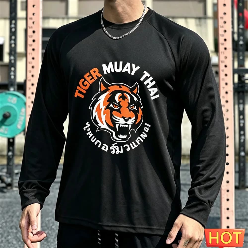 Muay Thai Men's Long sleeved T-shirt Autumn Men's Cotton T-shirt Elastic Fitness tee top Graphic Training T-shirt running Tshirt