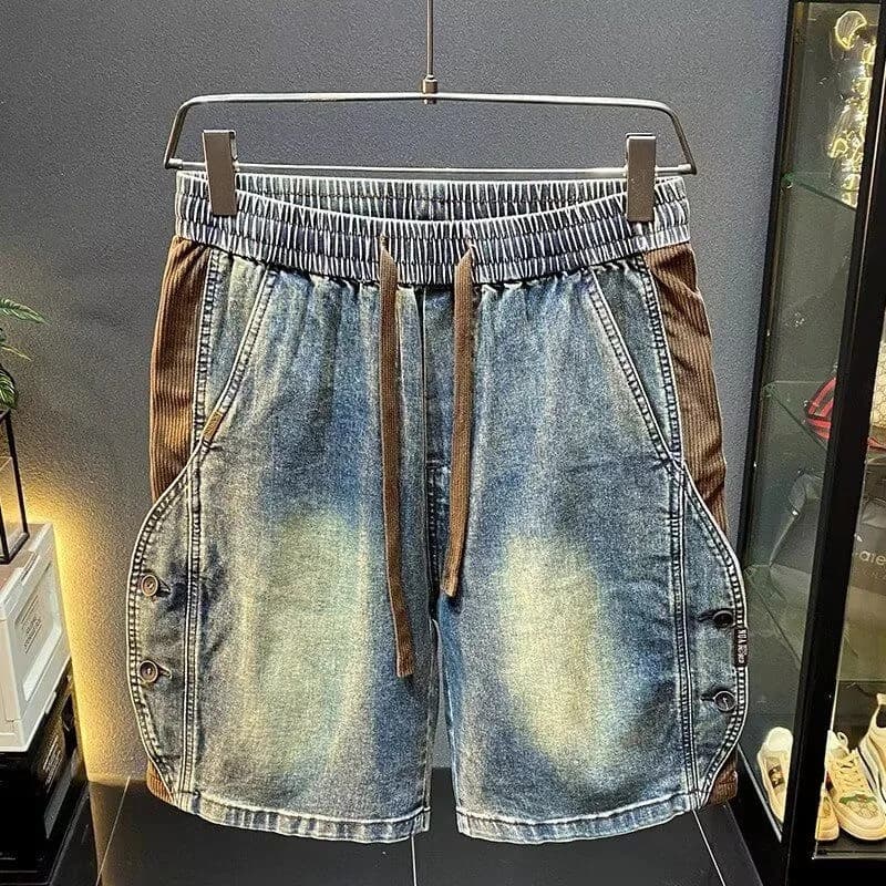Pantaloncini di jeans patchwork pesanti americani per uomo Jeans di design con giunture con bottoni laterali alla moda Pantaloncini larghi in vita elastica estiva
