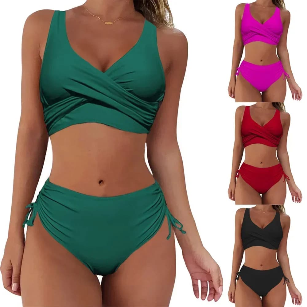 Set bikini solido a vita alta Costume da bagno sexy push up con fasciatura incrociata Costume da bagno Biquine Brasileiro Beach Holiday Costumi da bagno taglie forti